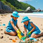 **Prompt:** A group of children joyfully cleaning up a plastic-strewn beach, wearing "Octonauts" themed hats. In the background, Captain Barnacles and Kwazii, animated characters, are cheering them on. The scene is bright and sunny, emphasizing the importance of ocean cleanliness. The composition should look like a still from an animated movie blended with reality.