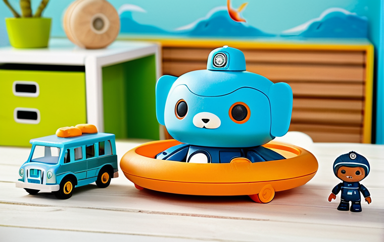 A diverse collection of Octonauts educational toys, including various GUP vehicles and detailed character figurines such as Captain Barnacles, Kwazii, Peso, and Dashi. The toys are made from sustainable materials like smooth FSC-certified wood and recycled plastic, showcasing vibrant yet subtle colors. They are neatly arranged on a clean, light-colored wooden table in a bright, modern playroom, with a soft ocean-themed background. Professional product photography, sharp focus, high detail, studio lighting, safe for work, appropriate content, fully clothed, family-friendly, correct proportions, perfect anatomy.
