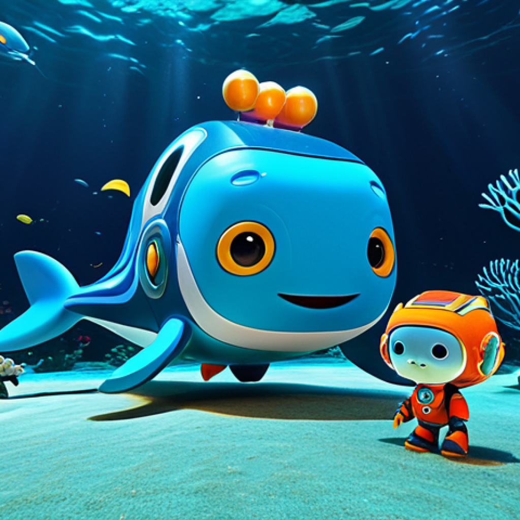 The Octonauts team, including Captain Barnacles, Kwazii, and Peso, in their distinctive deep-sea explorer suits, are on an engaging rescue mission in a vibrant, detailed coral reef. They are actively engaged in helping a large, majestic whale tangled in a discarded fishing net, demonstrating seamless teamwork and problem-solving. The underwater scene is filled with colorful marine life and dynamic, clear water. Professional animation style, high resolution, cinematic lighting, vibrant colors, safe for work, appropriate content, fully clothed, professional, perfect anatomy, correct proportions, natural pose, well-formed hands, proper finger count, natural body proportions.