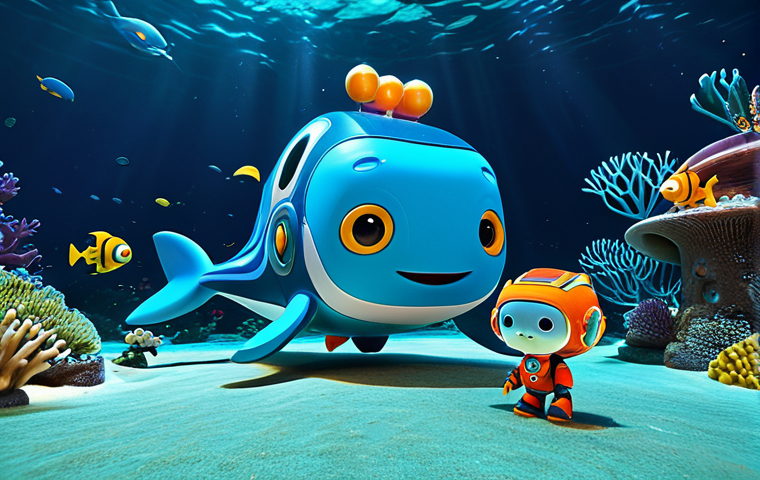 The Octonauts team, including Captain Barnacles, Kwazii, and Peso, in their distinctive deep-sea explorer suits, are on an engaging rescue mission in a vibrant, detailed coral reef. They are actively engaged in helping a large, majestic whale tangled in a discarded fishing net, demonstrating seamless teamwork and problem-solving. The underwater scene is filled with colorful marine life and dynamic, clear water. Professional animation style, high resolution, cinematic lighting, vibrant colors, safe for work, appropriate content, fully clothed, professional, perfect anatomy, correct proportions, natural pose, well-formed hands, proper finger count, natural body proportions.