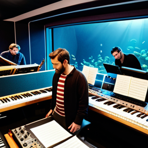Home 22 Behind-the-Scenes Music Creation**
"A team of composers and musicians collaborating in a modern recording studio, surrounded by instruments and sound equipment, fully clothed, appropriate attire, safe for work, perfect anatomy, natural proportions, professional lighting, high quality. The scene suggests the creation of music for a children's animated show, with sheet music featuring whimsical underwater themes. Focus on collaboration and creative energy. Modest attire, professional environment, family-friendly."
**