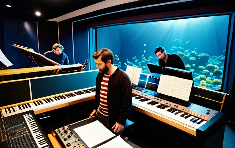Behind-the-Scenes Music Creation**
"A team of composers and musicians collaborating in a modern recording studio, surrounded by instruments and sound equipment, fully clothed, appropriate attire, safe for work, perfect anatomy, natural proportions, professional lighting, high quality. The scene suggests the creation of music for a children's animated show, with sheet music featuring whimsical underwater themes. Focus on collaboration and creative energy. Modest attire, professional environment, family-friendly."
**