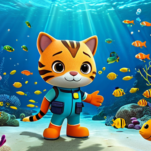 Home 21 Kwazi's Underwater Adventure**
"Kwazi, the adventurous kitten from Octonauts, exploring a vibrant coral reef, surrounded by colorful fish, fully clothed in his Octonauts uniform, appropriate attire, safe for work, perfect anatomy, natural proportions, underwater scene, professional illustration, high quality, family-friendly."
**