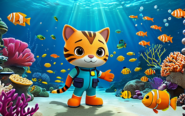 Kwazi's Underwater Adventure**
"Kwazi, the adventurous kitten from Octonauts, exploring a vibrant coral reef, surrounded by colorful fish, fully clothed in his Octonauts uniform, appropriate attire, safe for work, perfect anatomy, natural proportions, underwater scene, professional illustration, high quality, family-friendly."
**
