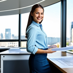 **

A professional architect, fully clothed in a stylish, modest outfit (e.g., dress pants and blouse, or a blazer with a skirt), standing in a bright, modern architectural office. Large windows overlook a bustling cityscape. She's reviewing blueprints with a friendly smile. Safe for work, appropriate content, perfect anatomy, well-formed hands, natural pose, professional, high-resolution image.

**